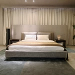 Dual-Material Upholstered Bed with Beige Leather & Grey Fabric Headboard & Low-Profile Base